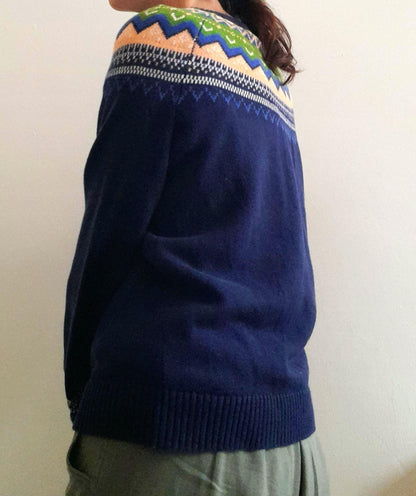 Navy Orange Green Fairisle Vintage Cotton Knitted Jumper