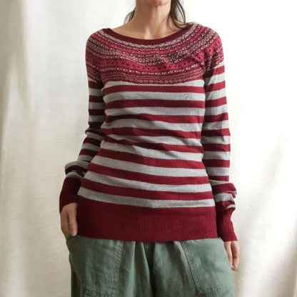 Vintage Grey Dark Red Pink Stripe Icelandic Fine Knit Long Sleeve Top