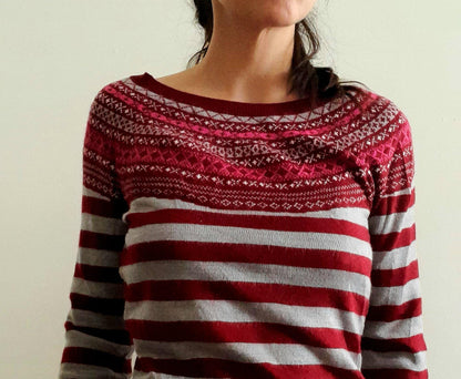 Vintage Grey Dark Red Pink Stripe Icelandic Fine Knit Long Sleeve Top