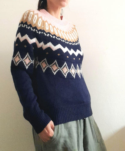 Vintage Y2K Crown & Ivy Navy Pink Gold Sparkly Fairisle Geometric Knit Jumper