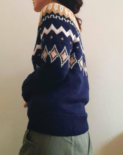Vintage Y2K Crown & Ivy Navy Pink Gold Sparkly Fairisle Geometric Knit Jumper