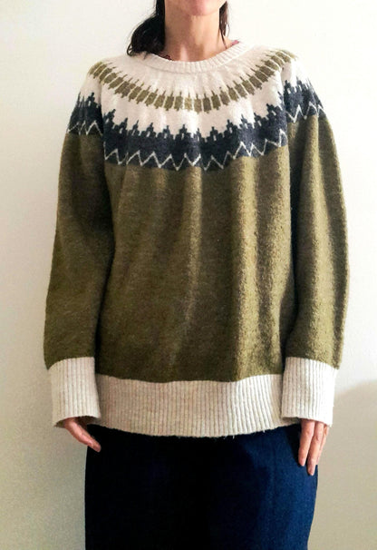 Vintage VERO MODA Olive Green Cream Grey Fairisle Knit Jumper