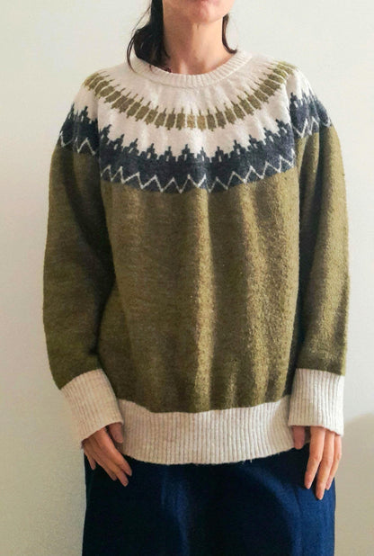 Vintage VERO MODA Olive Green Cream Grey Fairisle Knit Jumper