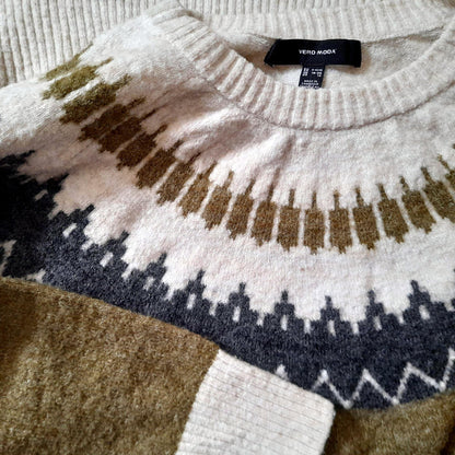 Vintage VERO MODA Olive Green Cream Grey Fairisle Knit Jumper