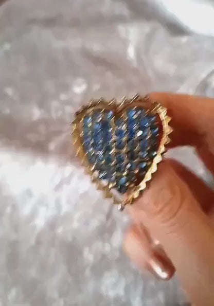Vintage 1950s Goldtone Metal Light Blue Sparkling Studded Rhinestone Heart Pin Brooch